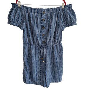 Hint of Blush Women's Off the Shoulder Blue Romper with White Dainty Details